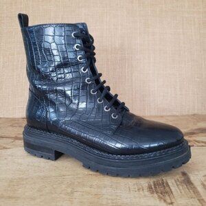 Napoleoni Black Leather Croc-Emboss Lace Up Combat Moto Chunky Sole EU 38 / US 8